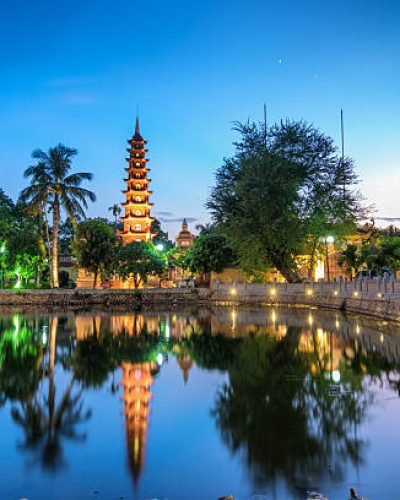 The Trấn Quốc Pagoda in Hanoi is the oldest pagoda in the city, originally constructed in the sixth century during the reign of Emperor Lý Nam Đế (from 544 until 548), thus giving it an age of more than 1,450 years.